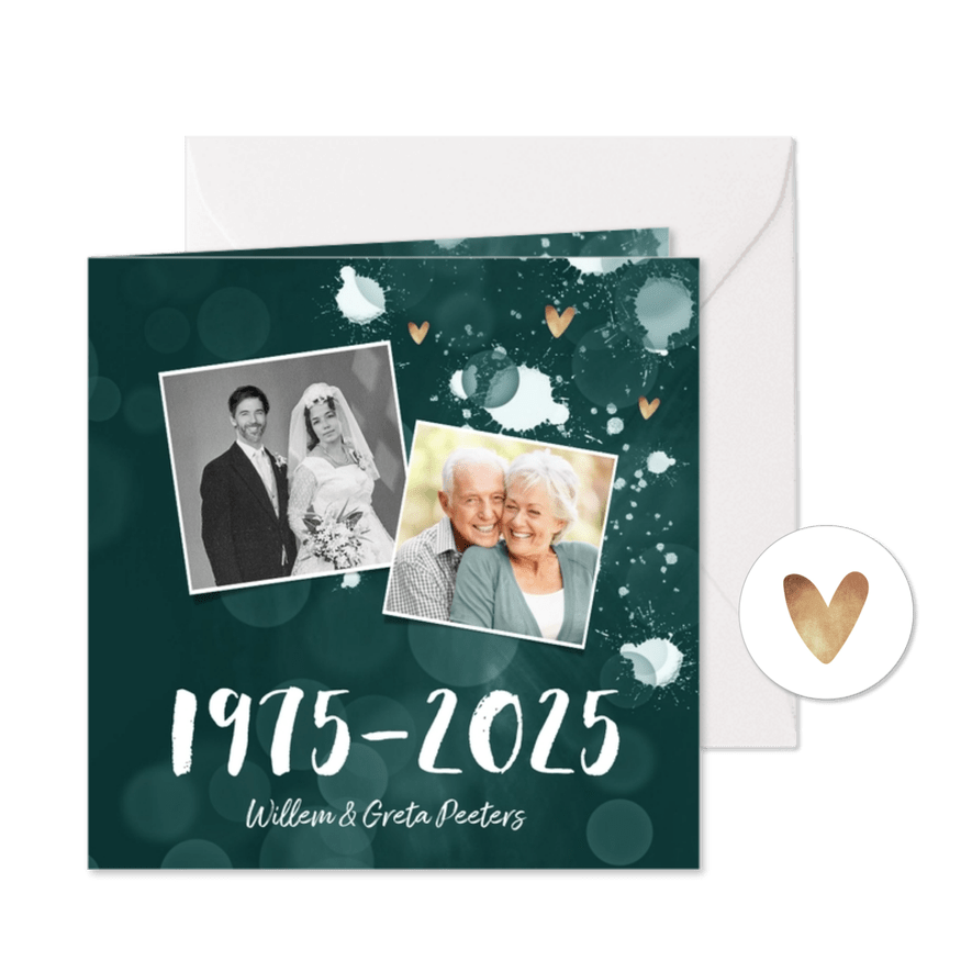 Jubileum uitnodiging 50 jaar spetters gouden hartjes - Kaartimpressie