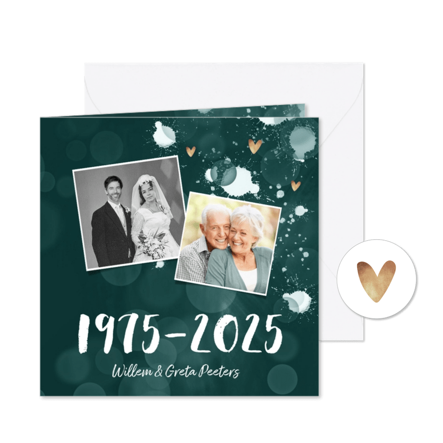 Jubileum uitnodiging 50 jaar spetters gouden hartjes - Kaartimpressie