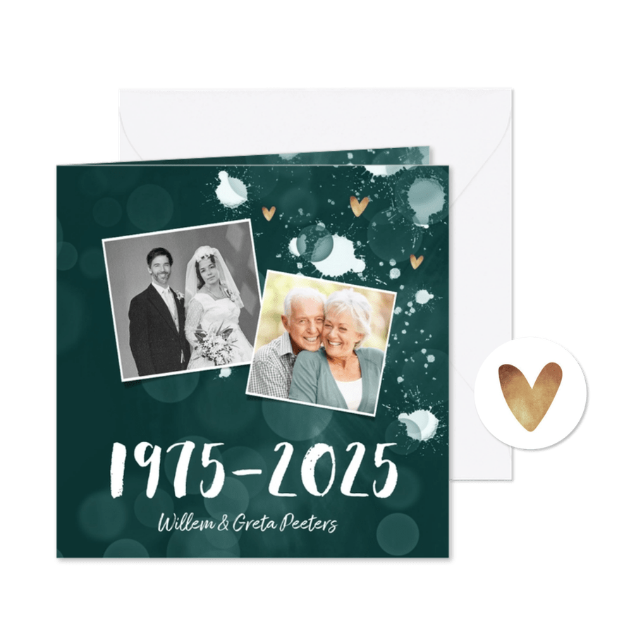 Jubileum uitnodiging 50 jaar spetters gouden hartjes - Kaartimpressie