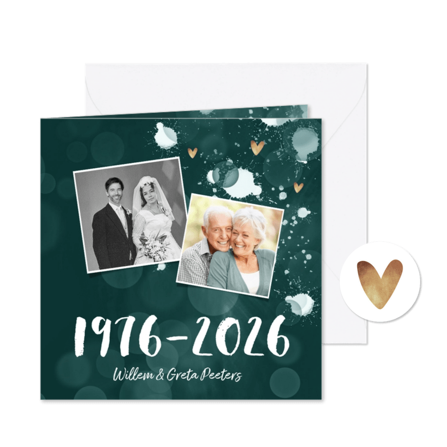 Jubileum uitnodiging 50 jaar spetters gouden hartjes - Kaartimpressie