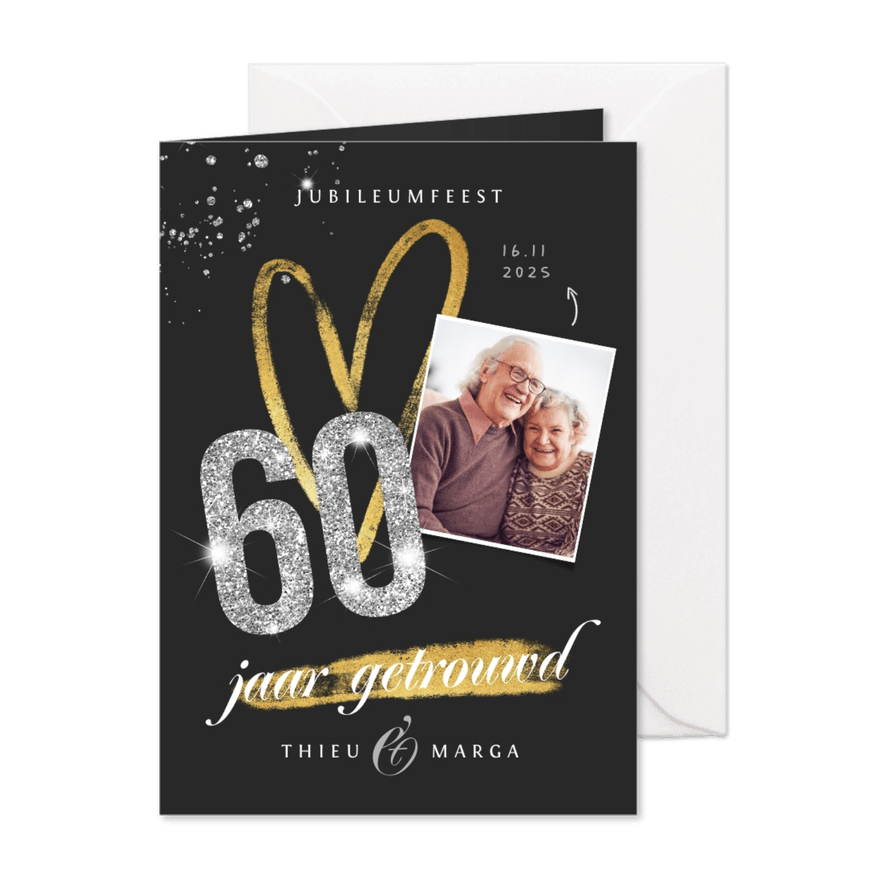 Jubileum uitnodiging 60 jaar diamant foto glitter goud - Kaartimpressie