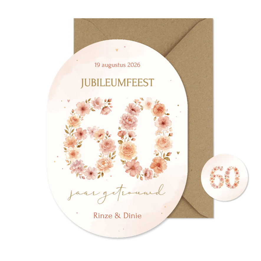 Jubileum uitnodiging 60 jaar getrouwd beige bloemen ovaal - Kaartimpressie