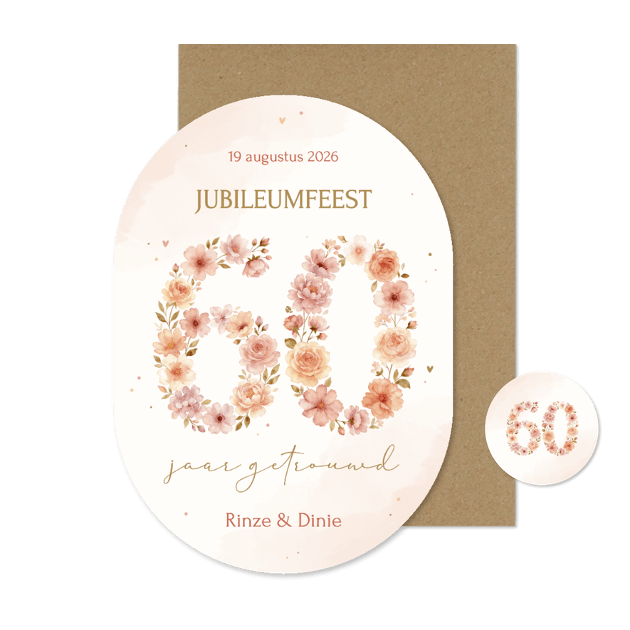 Jubileum uitnodiging 60 jaar getrouwd beige bloemen ovaal - Kaartimpressie