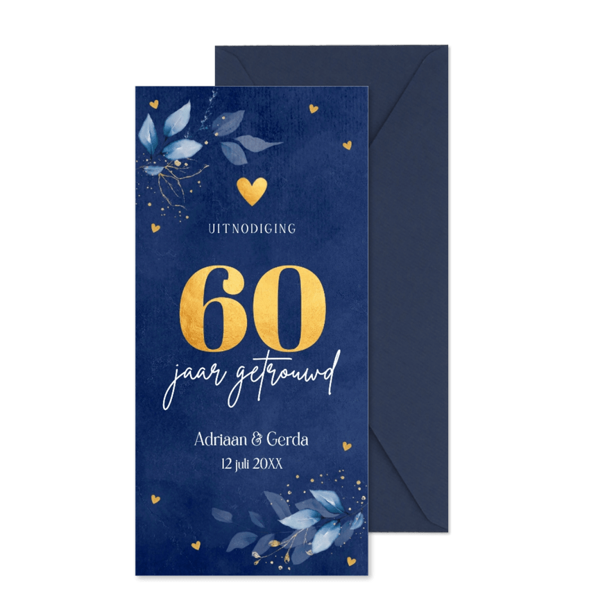 Jubileum uitnodiging 60 jaar getrouwd blauw botanisch - Kaartimpressie