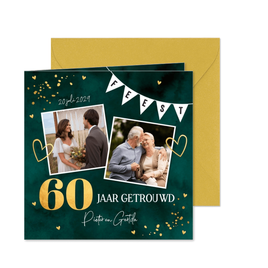 Jubileum uitnodiging 60 jaar getrouwd foto groen goudlook - Kaartimpressie