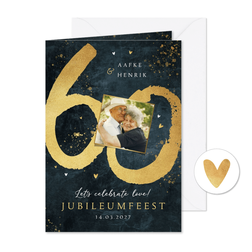 Jubileum uitnodiging 60 jaar getrouwd goud blauw - Kaartimpressie