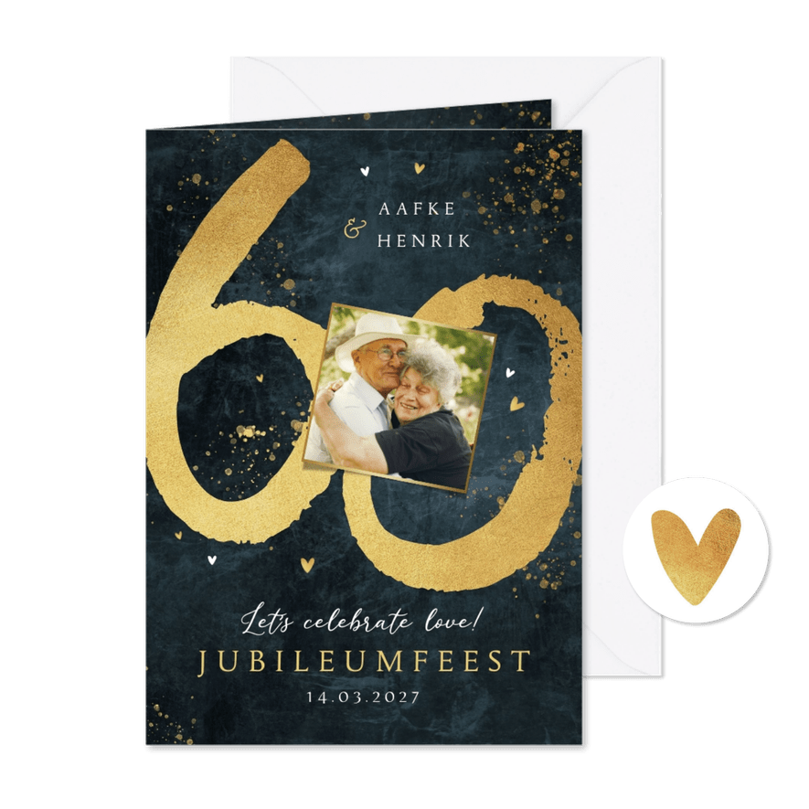 Jubileum uitnodiging 60 jaar getrouwd goud blauw - Kaartimpressie