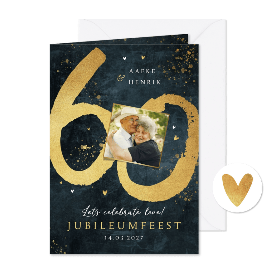 Jubileum uitnodiging 60 jaar getrouwd goud blauw - Kaartimpressie