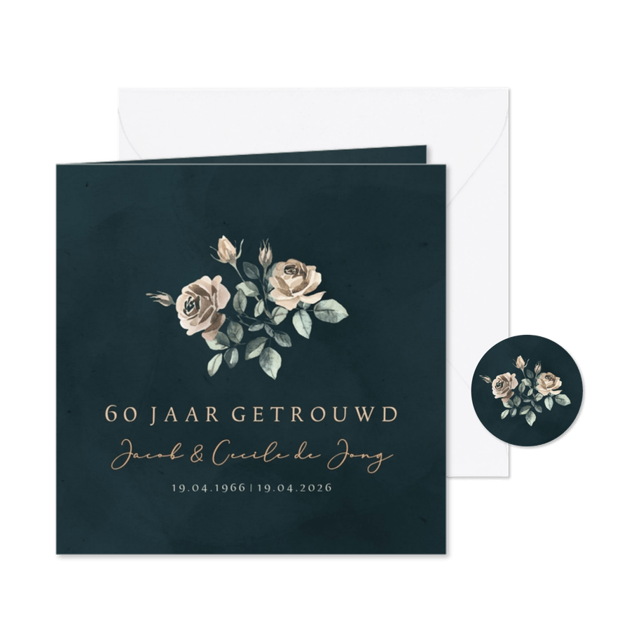 Jubileum uitnodiging 60 jaar getrouwd klassiek met bloemen - Kaartimpressie