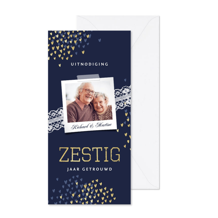 Jubileum uitnodiging 60 jaar stijlvol hartjes blauw goud - Kaartimpressie