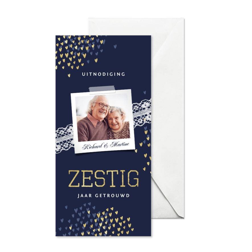 Jubileum uitnodiging 60 jaar stijlvol hartjes blauw goud - Kaartimpressie