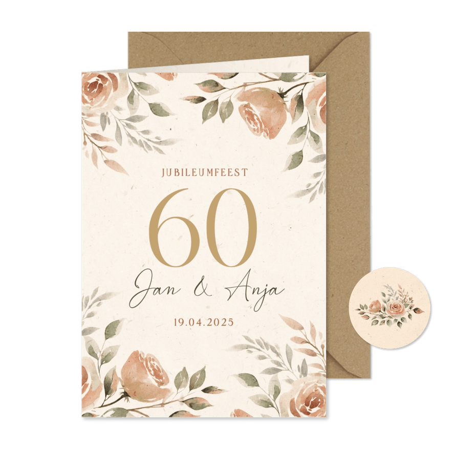 Jubileum uitnodiging bloemen kader 60 jaar getrouwd klassiek - Kaartimpressie