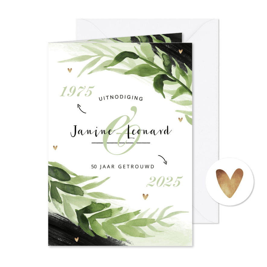 Jubileum uitnodiging botanisch zwart goud verf stijlvol - Kaartimpressie