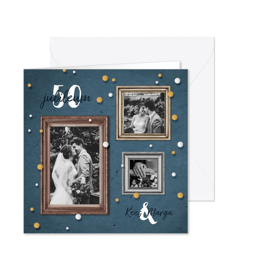 Jubileum uitnodiging feestelijk met fotolijstjes en confetti - Kaartimpressie