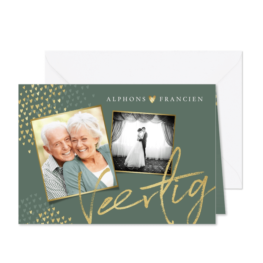 Jubileum uitnodiging goud stijlvol hartjes groen foto's - Kaartimpressie