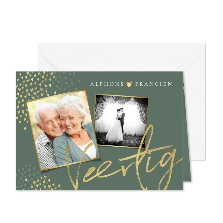 Jubileum uitnodiging goud stijlvol hartjes groen foto's - Kaartimpressie