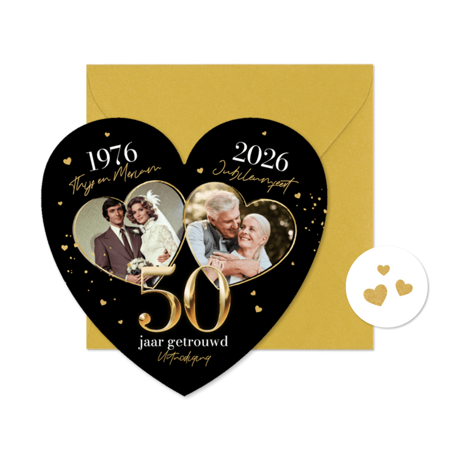 Jubileum uitnodiging hartvorm liefde gouden huwelijk foto's - Kaartimpressie