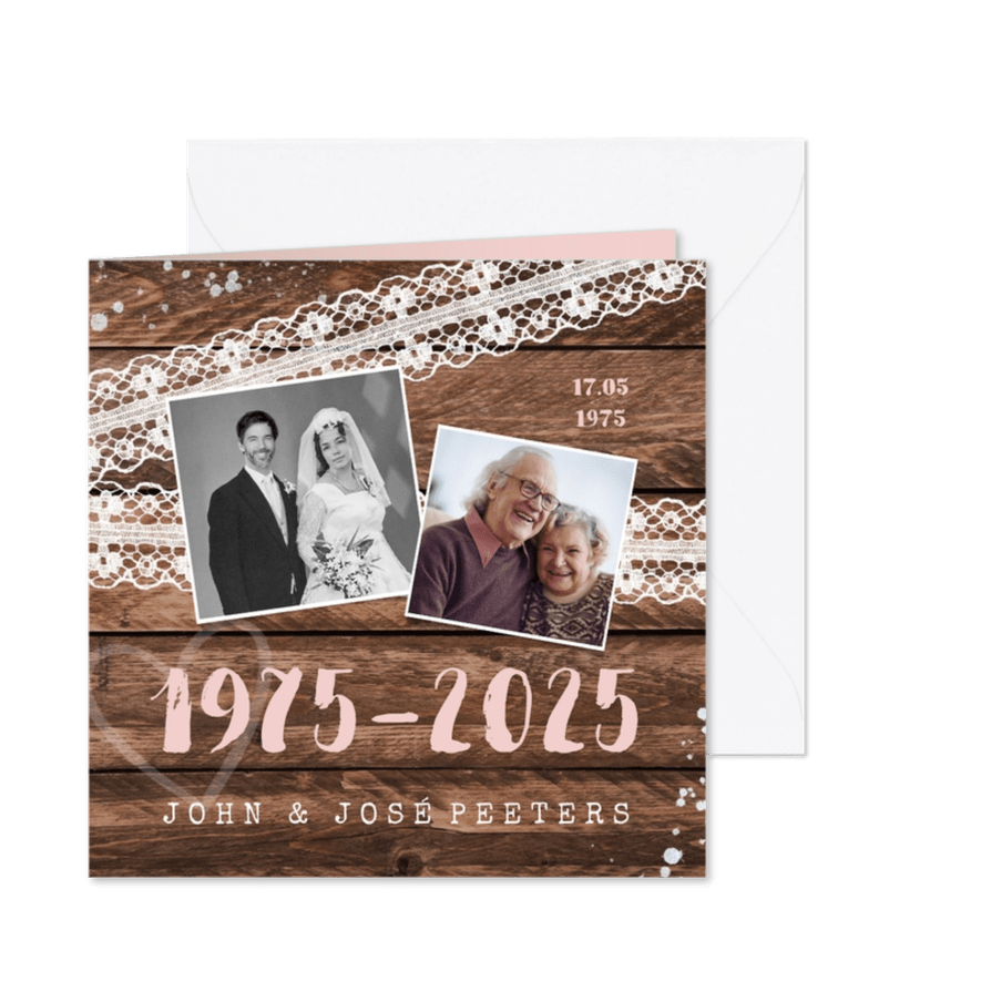 Jubileum uitnodiging hip hout vintage kant met foto's - Kaartimpressie