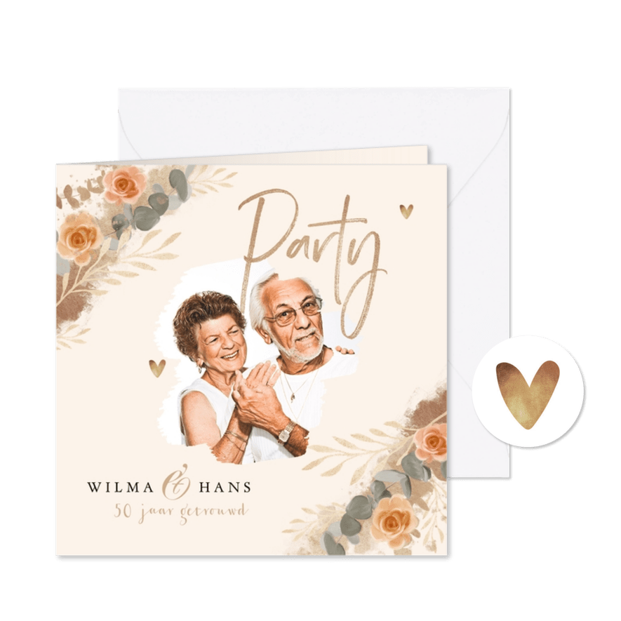 Jubileum uitnodiging klassiek goud bloemen foto - Kaartimpressie