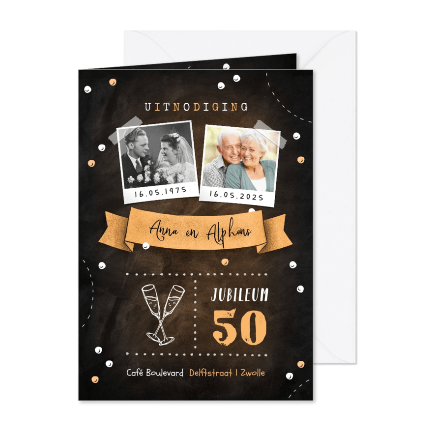 Jubileum uitnodiging krijtbord confetti foto's champagne - Kaartimpressie