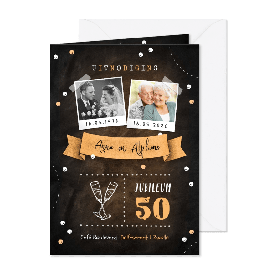 Jubileum uitnodiging krijtbord confetti foto's champagne - Kaartimpressie