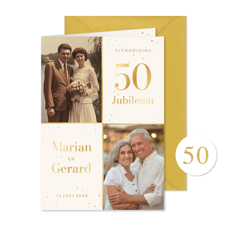 Jubileum uitnodiging met foto's en gouden spetters 50 - Kaartimpressie