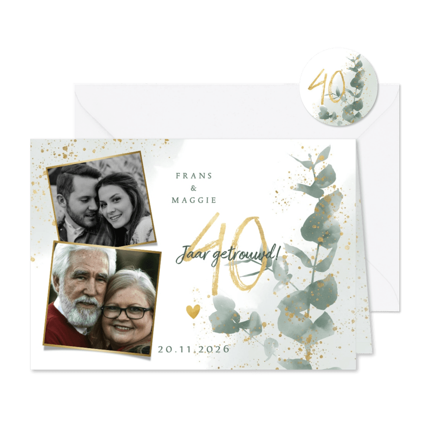 Jubileum uitnodiging met waterverf, plantje en gouden 40 - Kaartimpressie