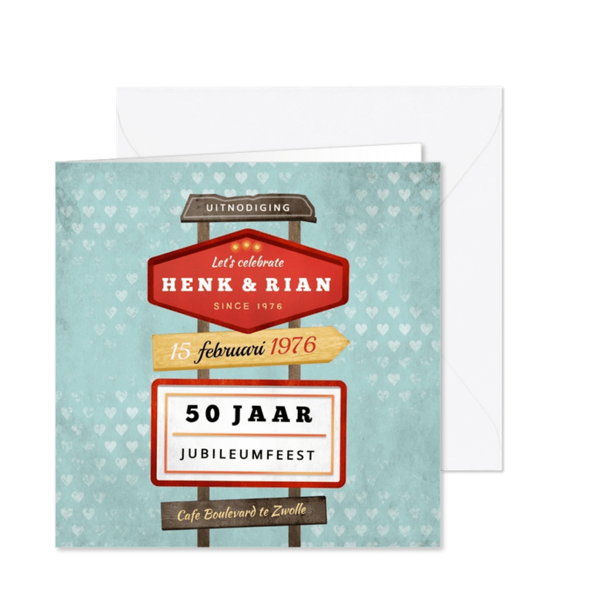 Jubileum uitnodiging retro vintage wegwijzers met hartjes - Kaartimpressie