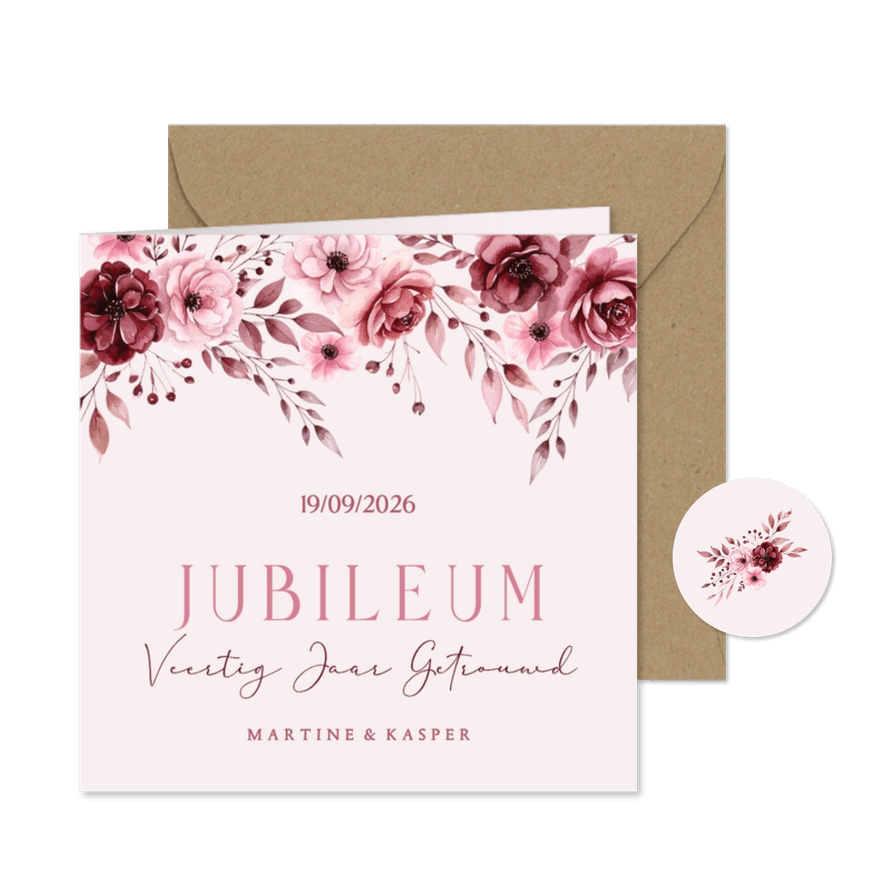 Jubileum uitnodiging roze met aquarel bloemetjes - Kaartimpressie