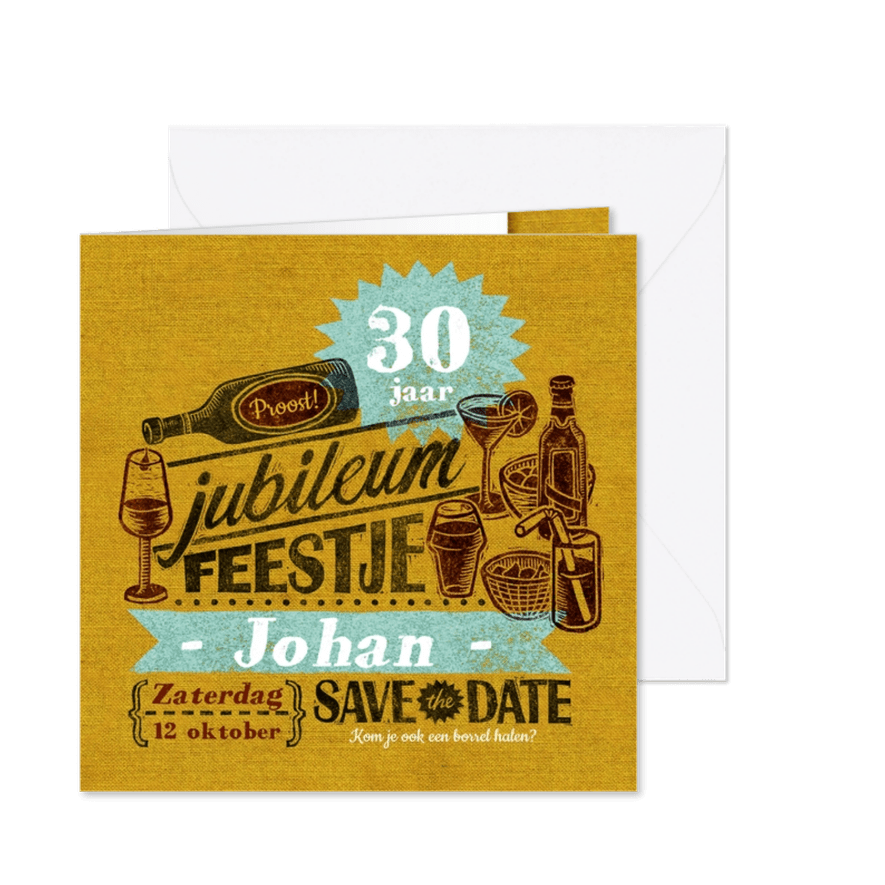 Jubileum uitnodiging stempel geel drank - Kaartimpressie
