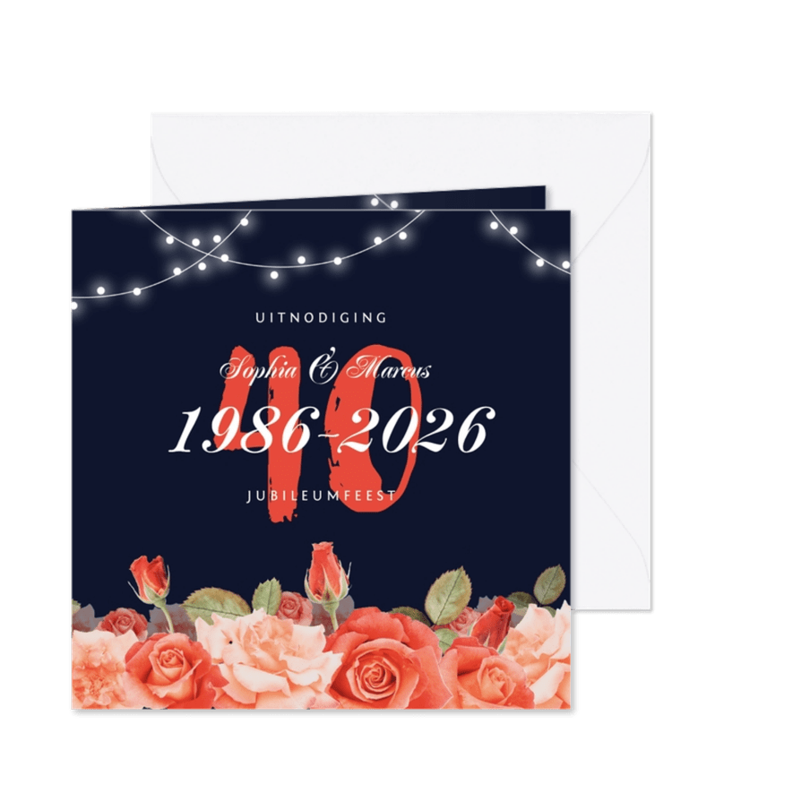 Jubileum uitnodiging stijlvol rood bloemen rozen lampjes  - Kaartimpressie