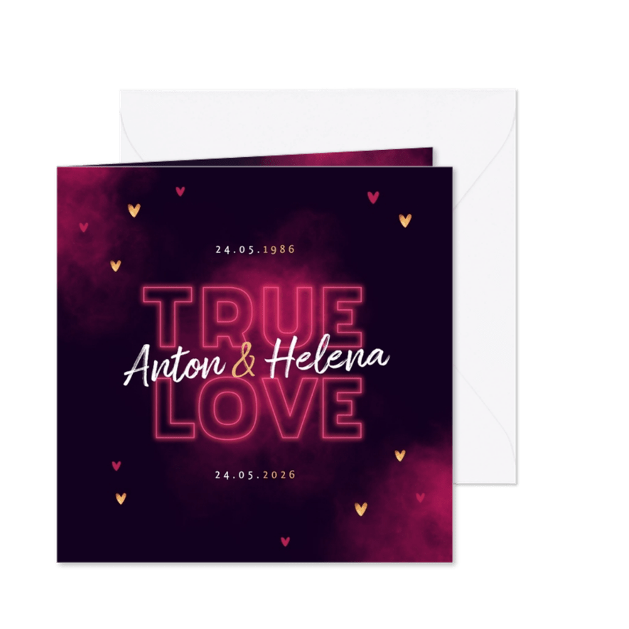 Jubileum uitnodiging true love neon hartjes - Kaartimpressie