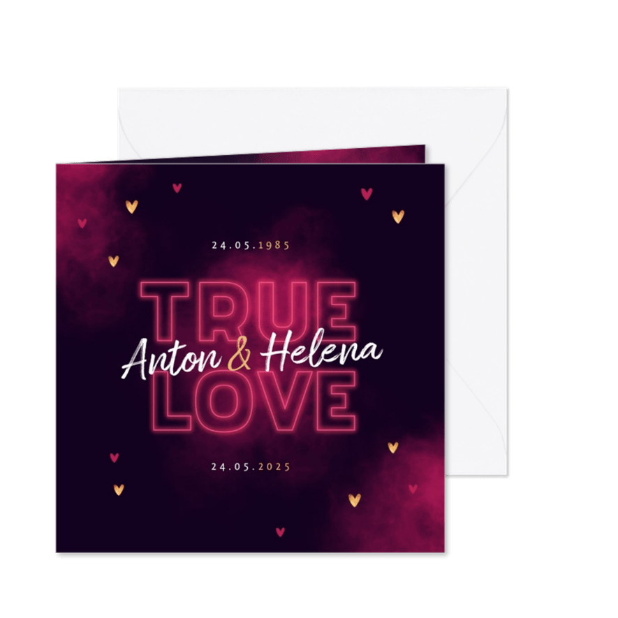 Jubileum uitnodiging true love neon hartjes - Kaartimpressie