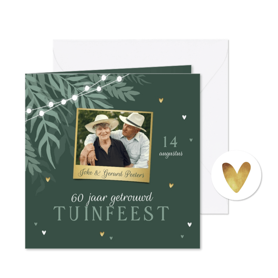 Jubileum uitnodiging tuinfeest lampjes foto goud hartjes - Kaartimpressie