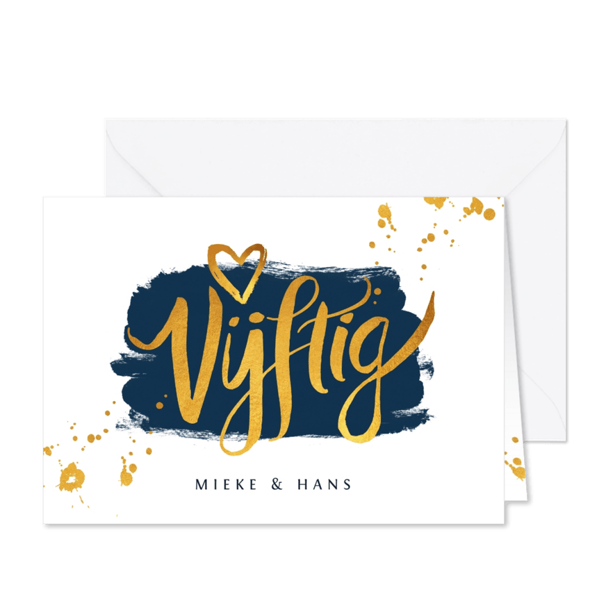 Jubileum uitnodiging vijftig met goudlook kalligrafie - Kaartimpressie