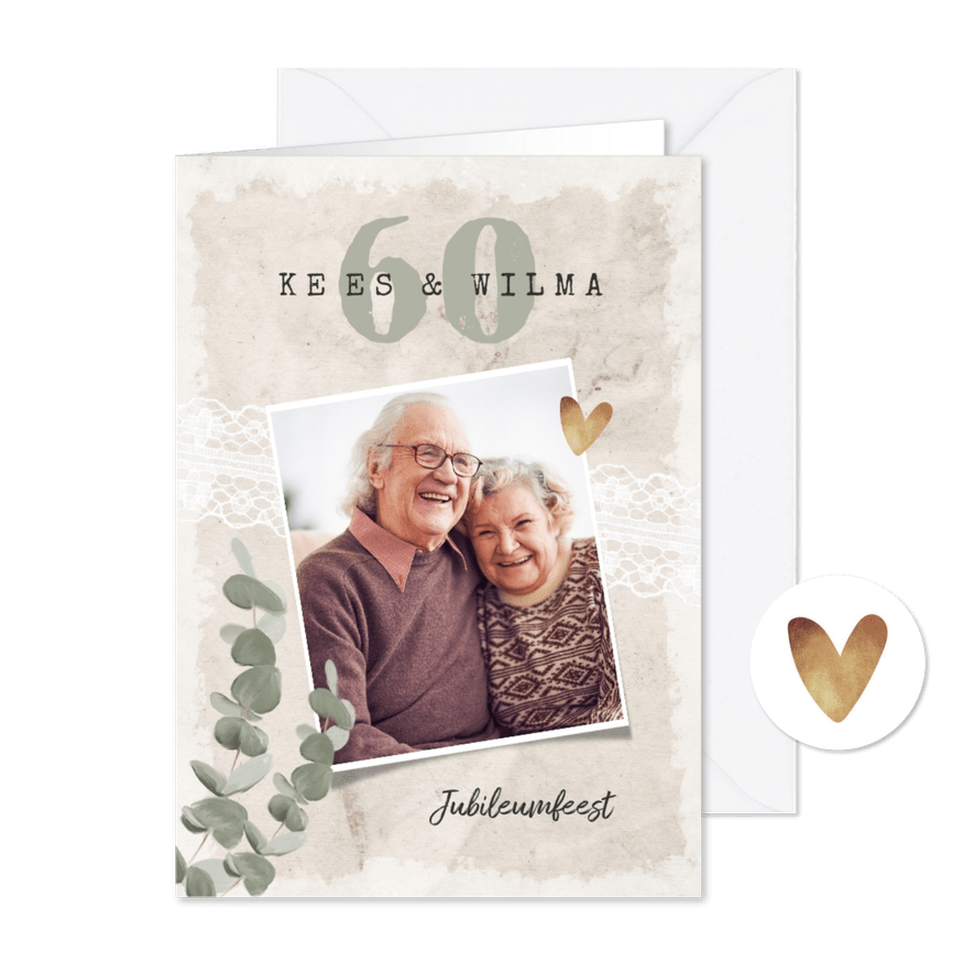 Jubileum uitnodiging vintage kant eucalyptus goud - Kaartimpressie