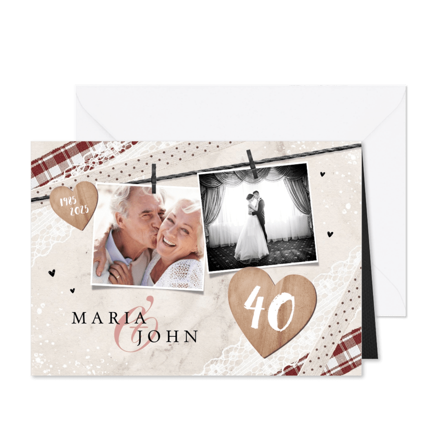 Jubileum uitnodiging vintage kant foto's hout liefde - Kaartimpressie
