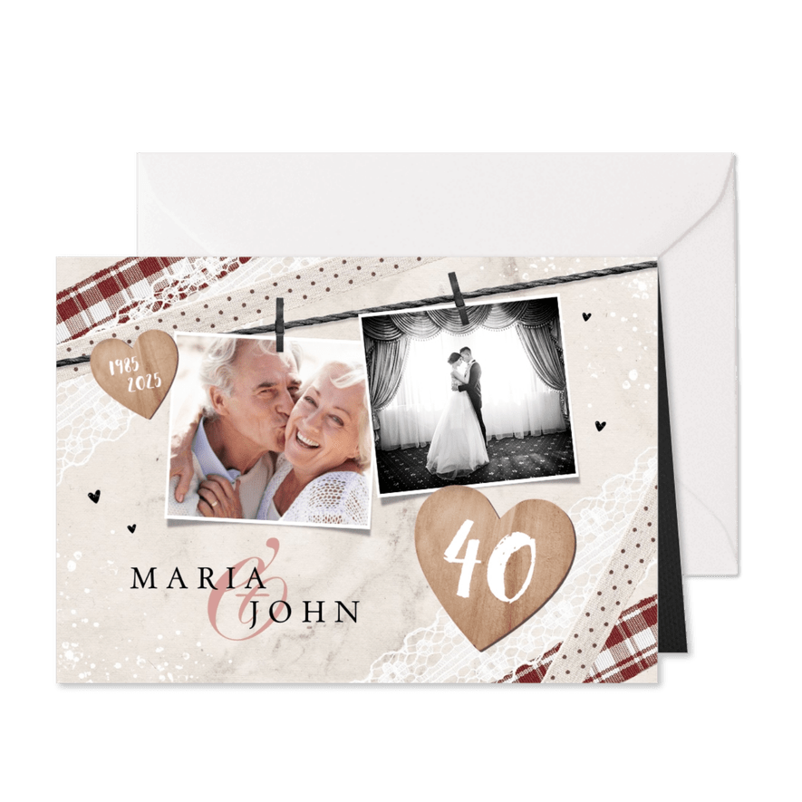 Jubileum uitnodiging vintage kant foto's hout liefde - Kaartimpressie