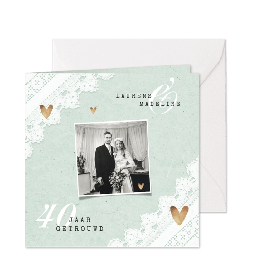 Jubileum uitnodiging vintage kant mintgroen foto - Kaartimpressie