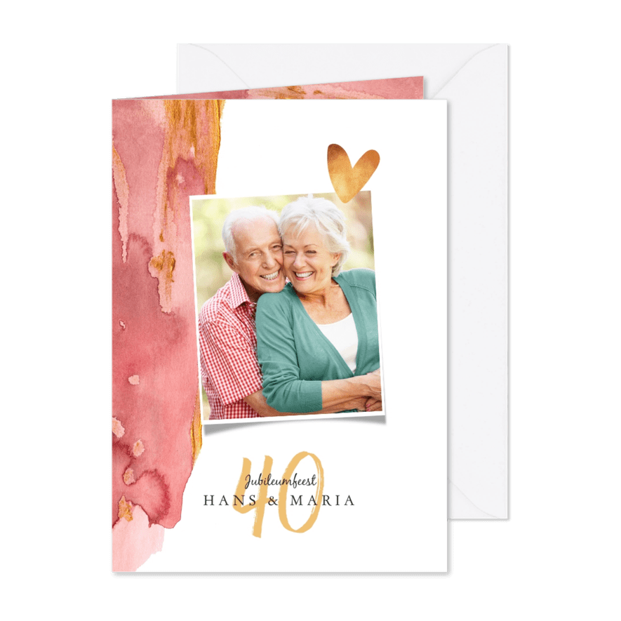 Jubileum uitnodiging waterverf met goud, foto en hartje - Kaartimpressie