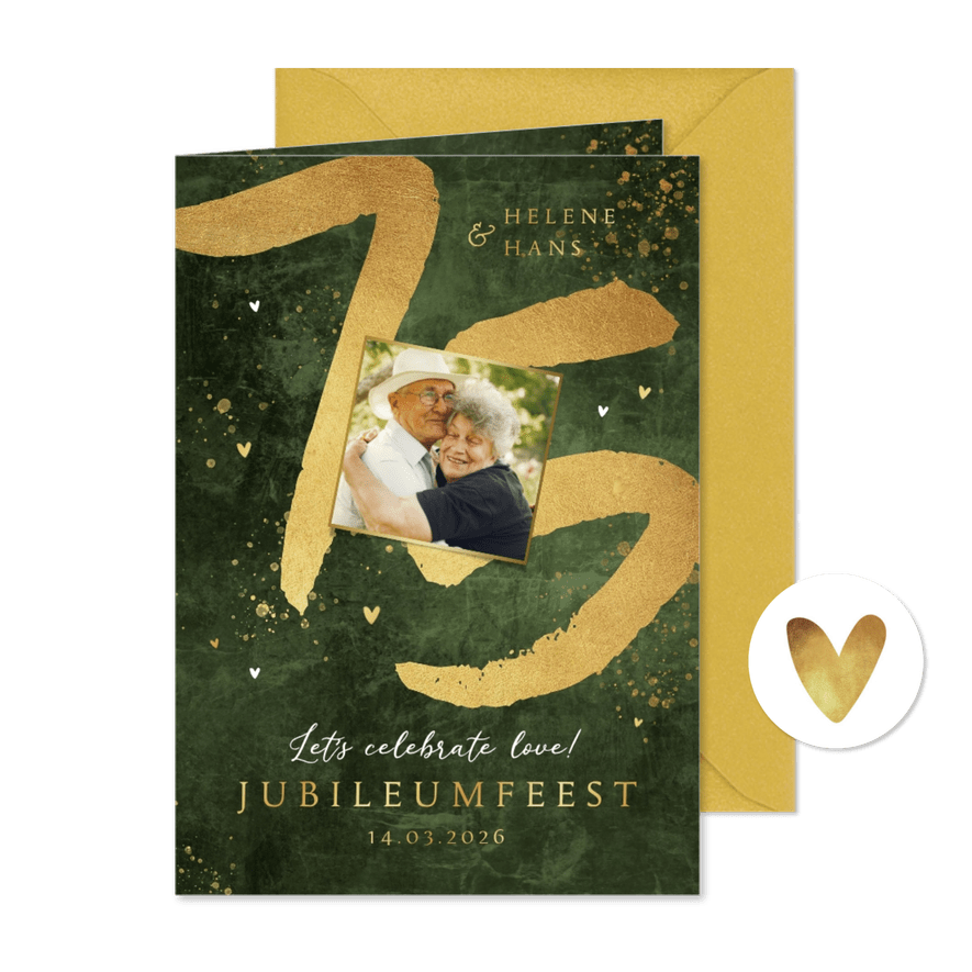 Jubileum uitnodiging75 jaar getrouwd goud groen cijfers - Kaartimpressie