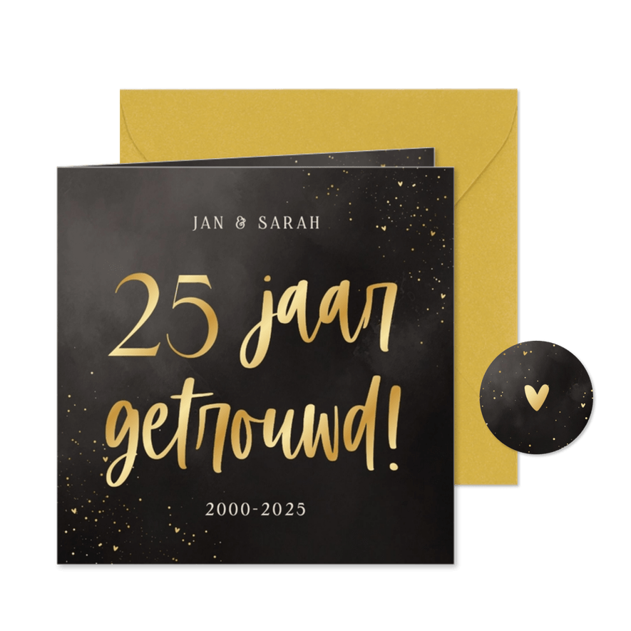 Jubileum zwart goud uitnodiging 25 jaar getrouwd waterverf - Kaartimpressie