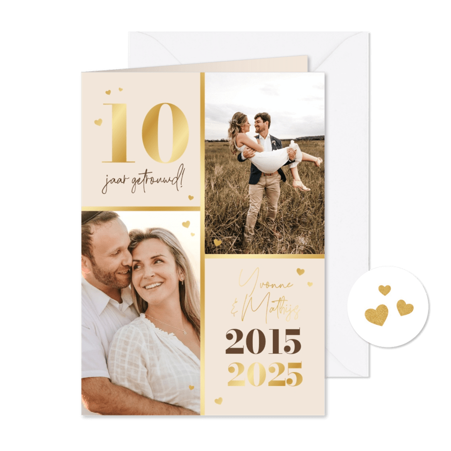 Jubileumfeest 10 jaar uitnodiging goud hartjes foto - Kaartimpressie