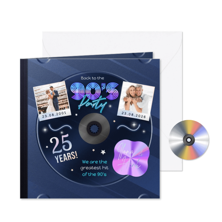 Jubileumfeest 25 jaar getrouwd 90's CD album holografisch - Kaartimpressie