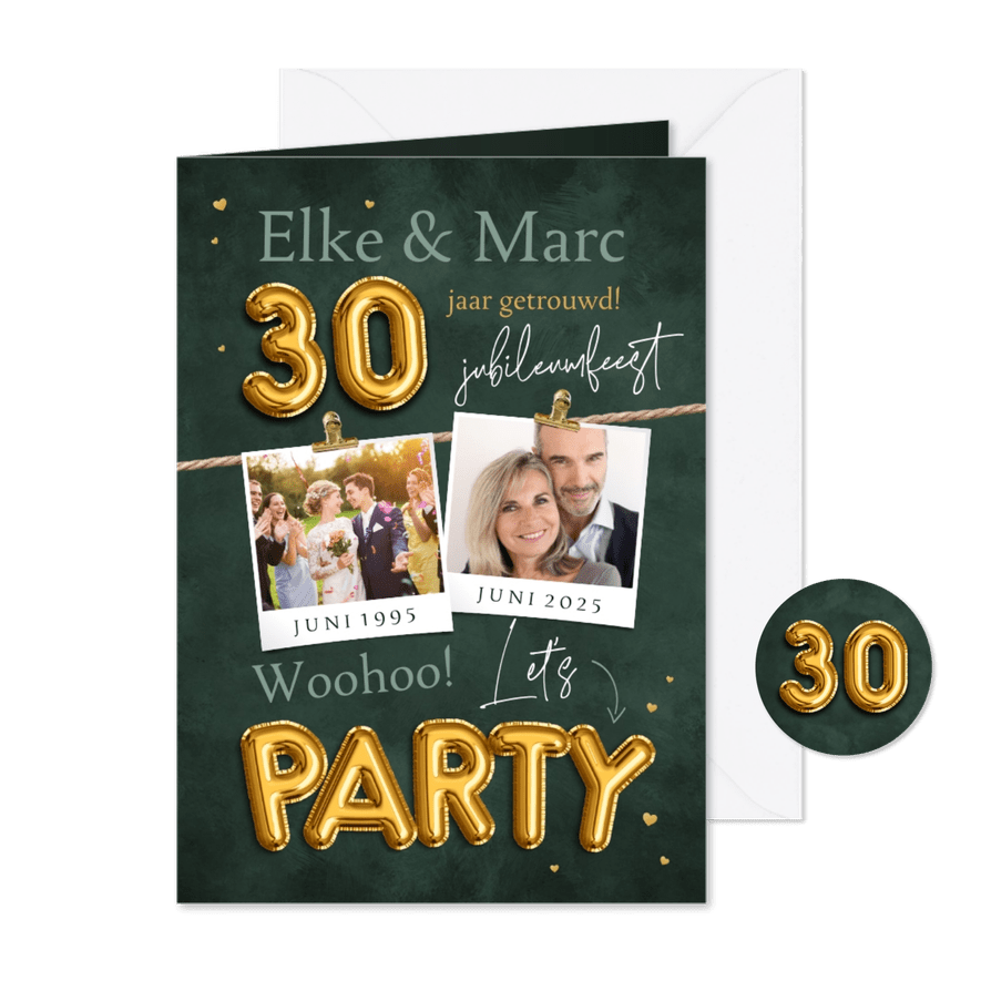 Jubileumfeest 30 jaar uitnodiging goud party ballonnen foto - Kaartimpressie