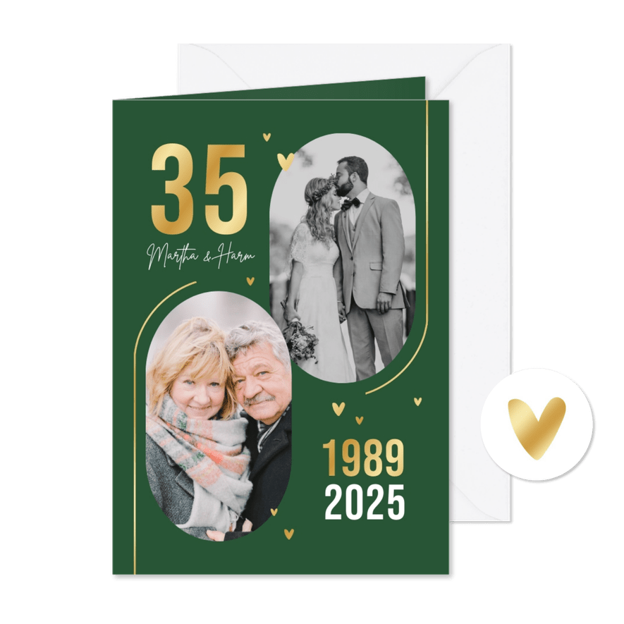 Jubileumfeest 35 jaar goud foto's stijlvol goud hartjes - Kaartimpressie