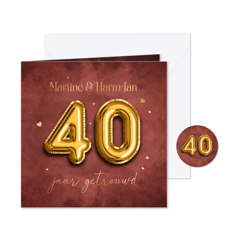 Jubileumfeest 40 jaar folieballonnen goud hartjes robijn - Kaartimpressie