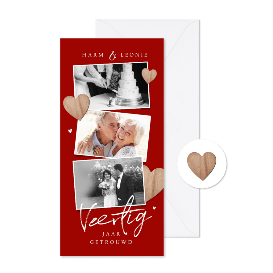 Jubileumfeest 40 jaar getrouwd fotocollage hartjes hout - Kaartimpressie