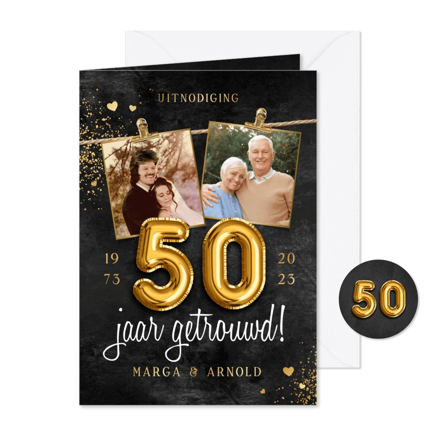 Jubileumfeest 50 jaar getrouwd foto's folieballonnen - Kaartimpressie