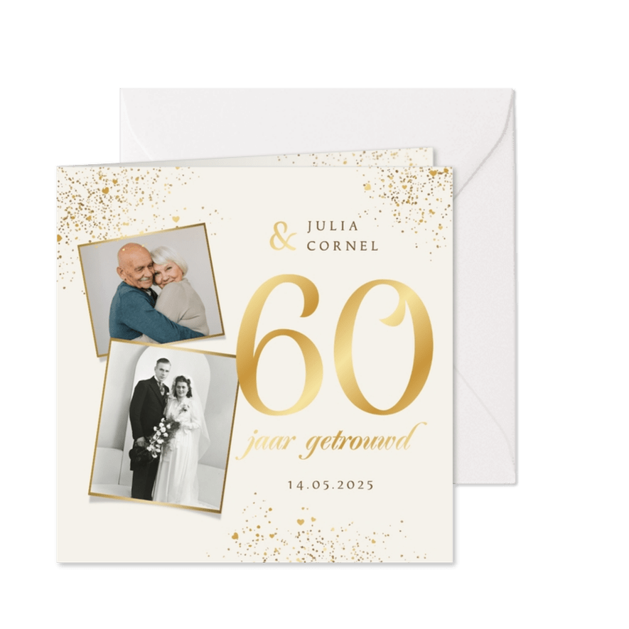 Jubileumfeest 60 jaar getrouwd goud diamant foto hartjes - Kaartimpressie